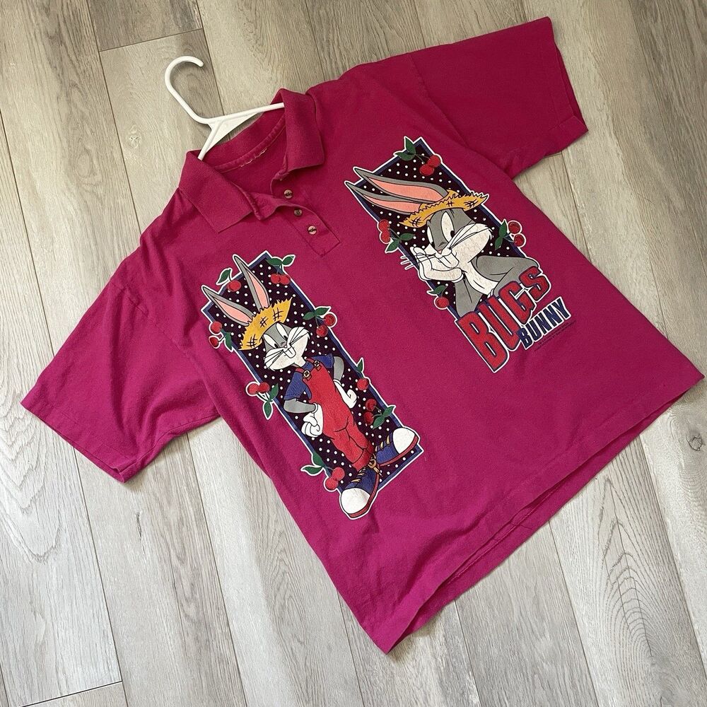 Bugs Bunny Polo Shirt vintage 1995 graphic short sleeve mens Pink (large) warner